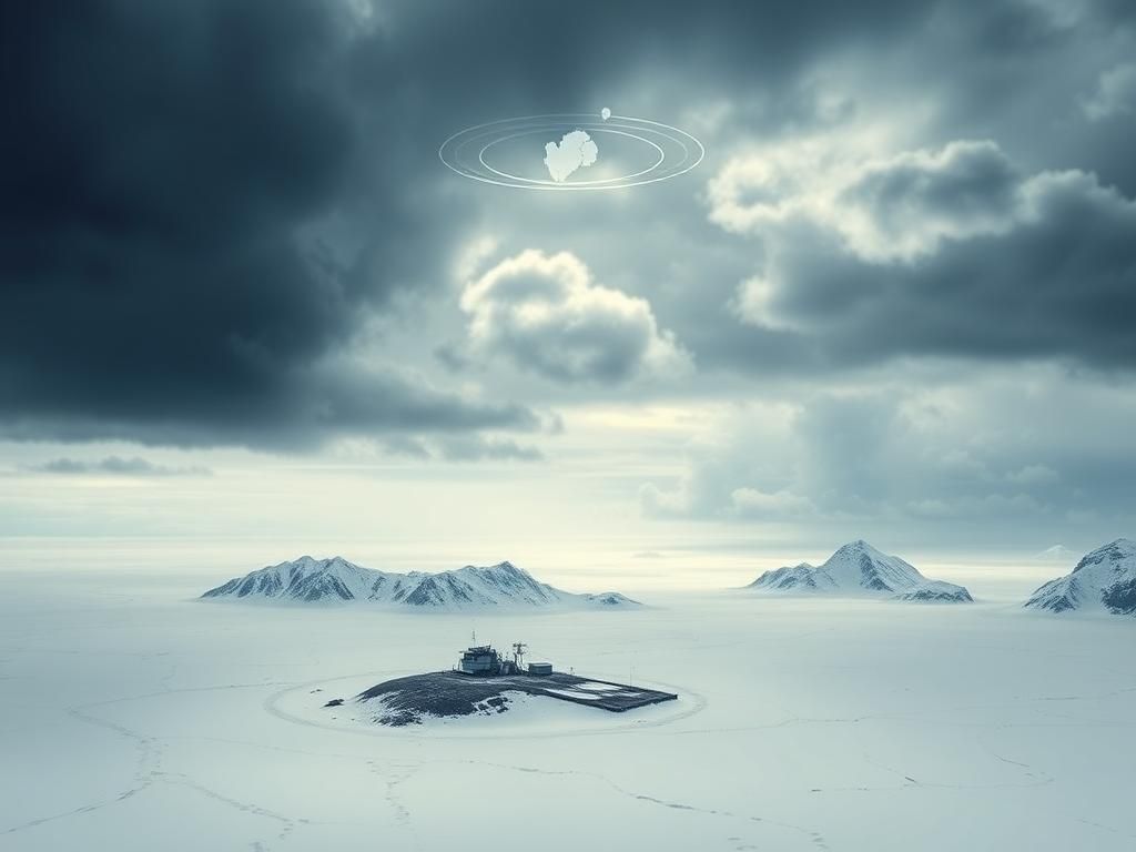 Flick International A dramatic aerial view of the Arctic landscape featuring an isolated military base against vast ice sheets and rugged mountains.