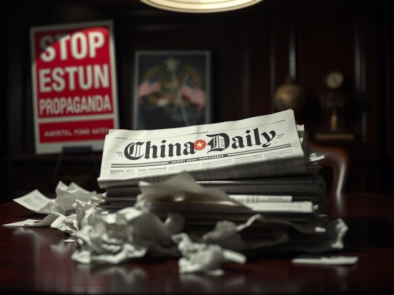 Flick International Close-up of newspapers including China Daily and a red bill titled 'Stop Foreign Propaganda' on a dark desk