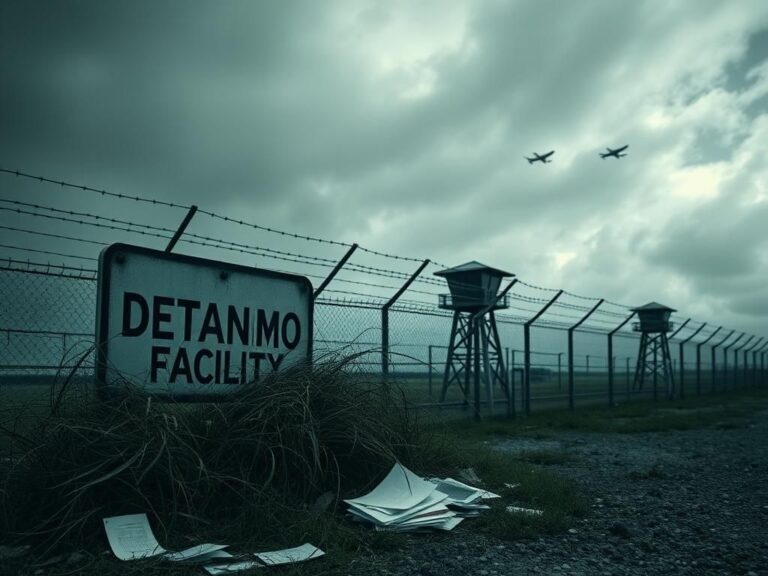 Flick International Somber view of Guantanamo Bay showcasing barbed wire fences and watchtowers under an overcast sky