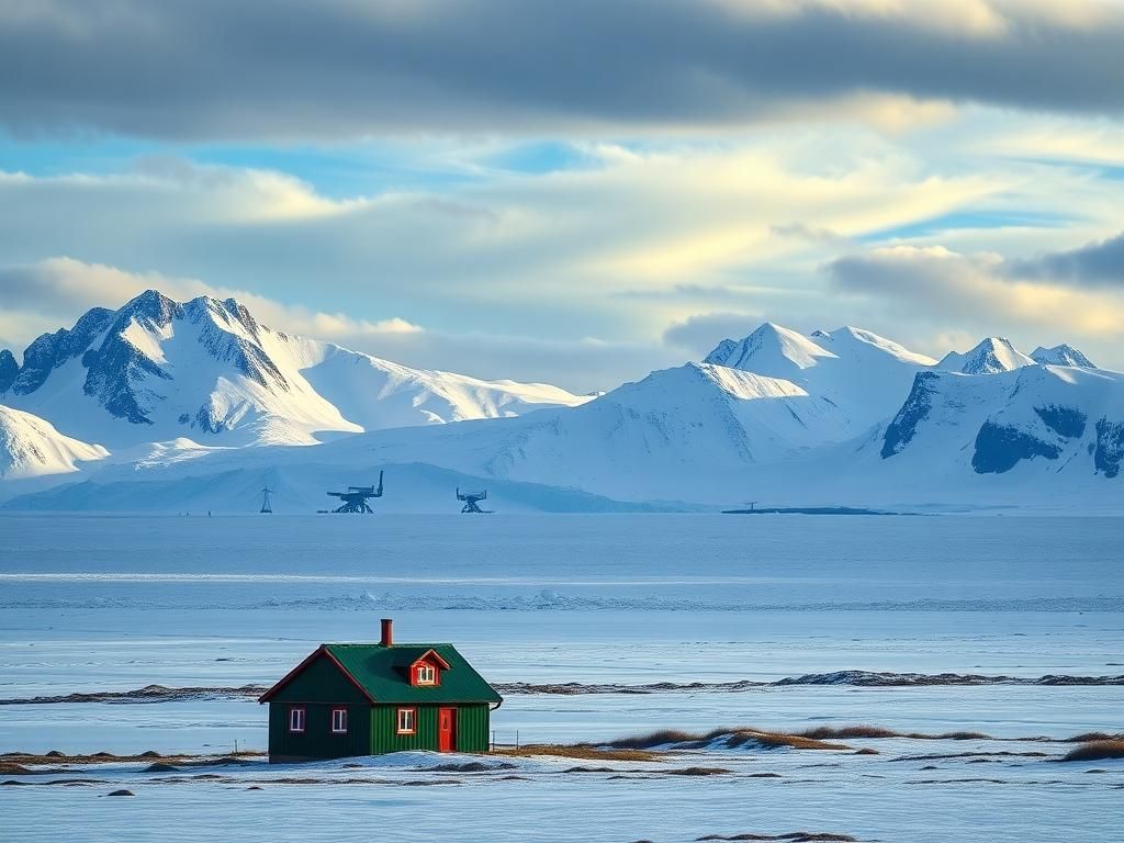 Flick International Panoramic view of Greenland's icy landscape with a traditional Danish house in the foreground.