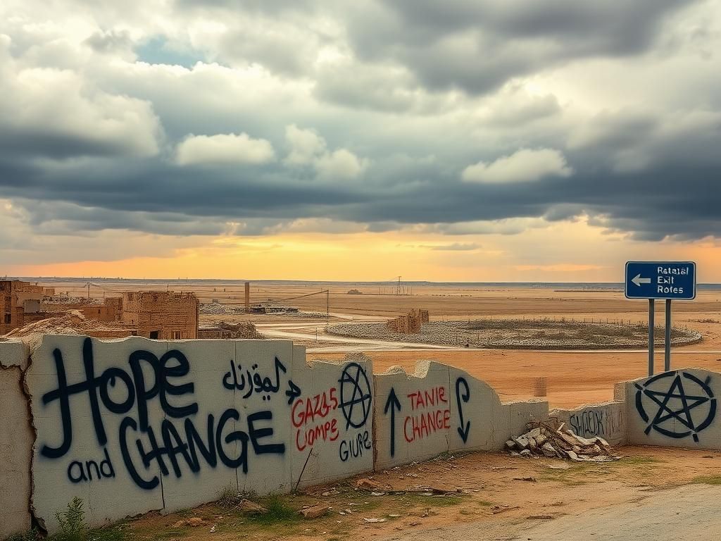 Flick International A desolate landscape of the Gaza Strip with crumbling buildings and graffiti amidst military symbols