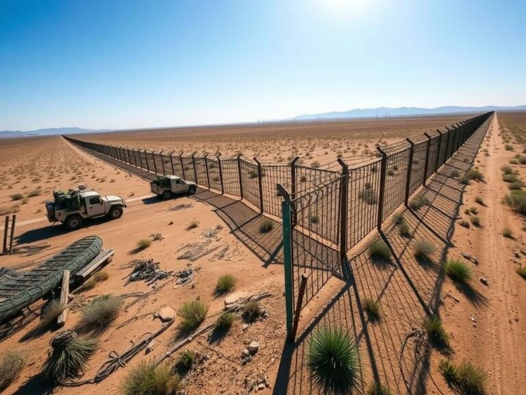 Flick International Wide-angle view of the US-Mexico border with military vehicles and barbed wire fence