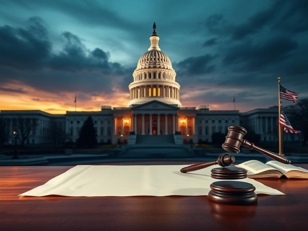 Flick International Illuminated U.S. Capitol building at dusk with a blank parchment scroll symbolizing the rule of law