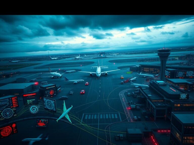 Flick International Aerial view of a busy urban airport with airplanes taking off and landing under a stormy sky