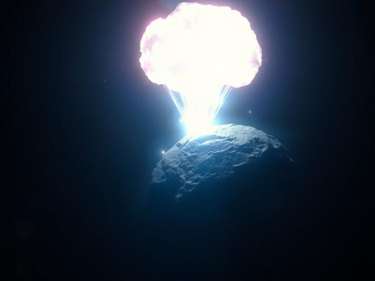 Flick International A large, rocky asteroid in deep space with a nuclear explosion emitting X-rays above its surface