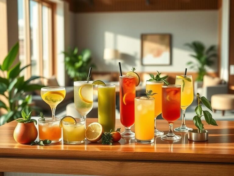 Flick International Elegant display of colorful non-alcoholic beverages and mocktails in a serene hotel lounge