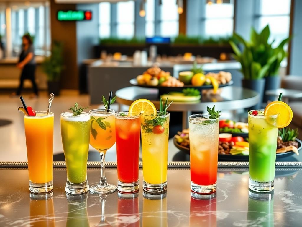 Flick International A stylish airport lounge featuring colorful mocktails and health-conscious dishes