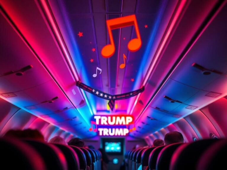 Flick International A vibrant airplane cabin decorated with red and blue lights symbolizing patriotism