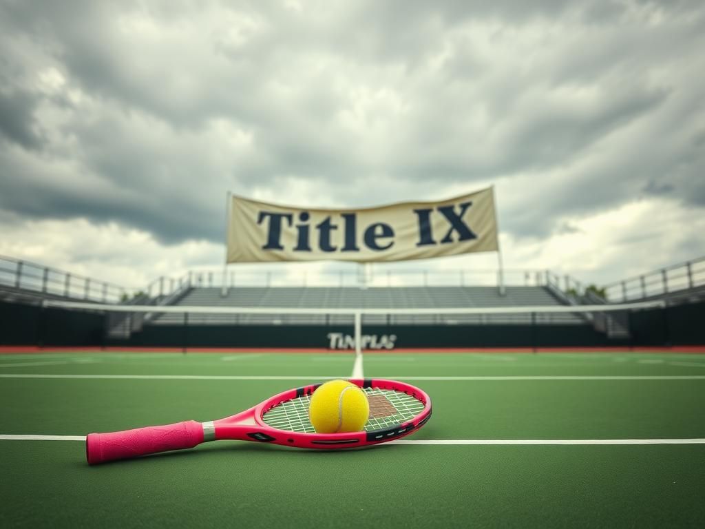 Flick International A vibrant tennis court scene highlighting women's sports issues with a lone racket and faded Title IX banner