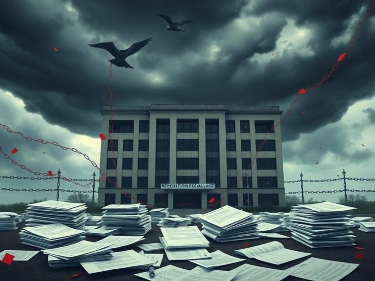 Flick International Conceptual image of a dark office building under storm clouds symbolizing federal workforce tension