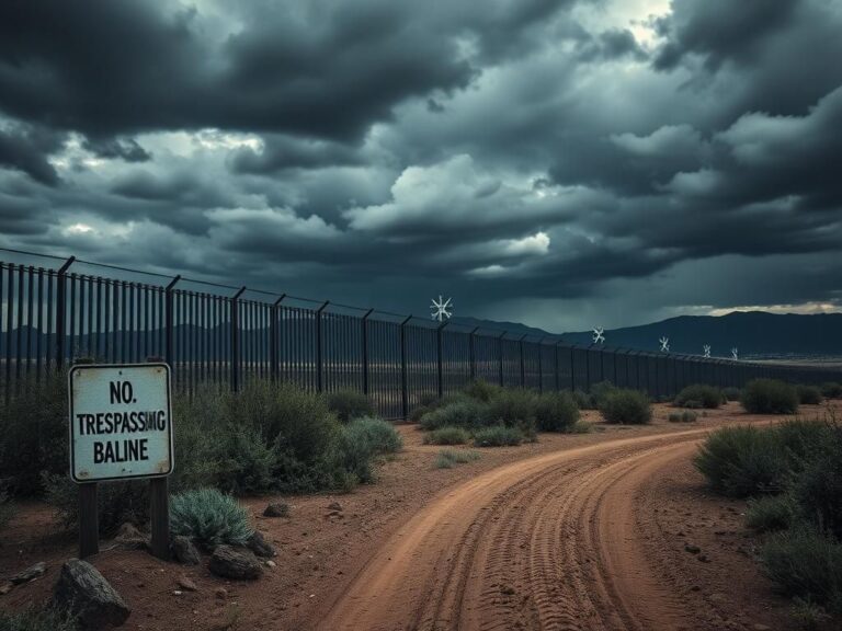 Flick International A weathered 'No Trespassing' sign next to a dirt path leading towards the U.S.-Mexico border fence amidst desert vegetation