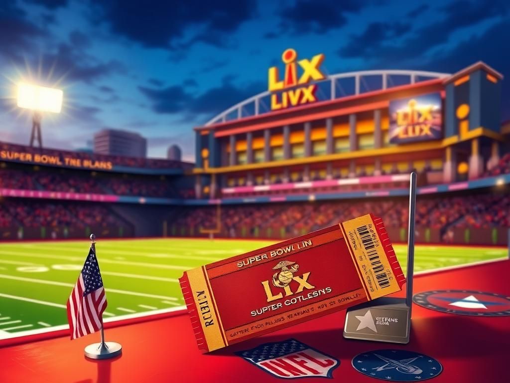 Flick International Illustration of Super Bowl LIX tickets on a military-themed table