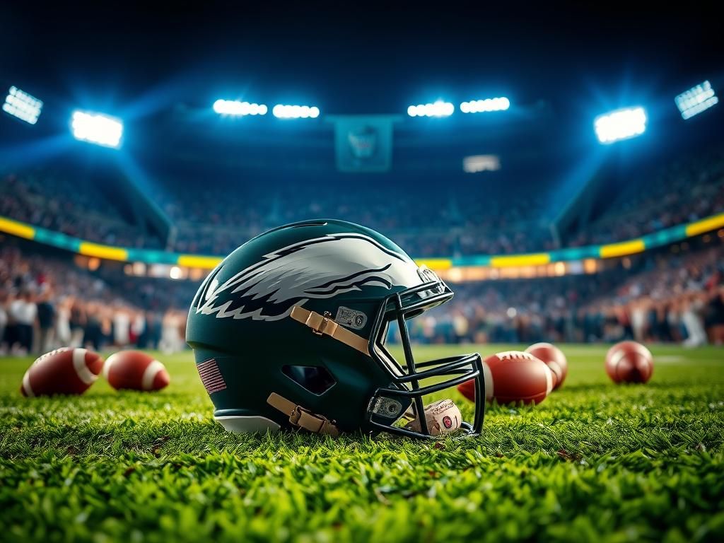 Flick International Philadelphia Eagles helmet on the grass with stadium lights in the background