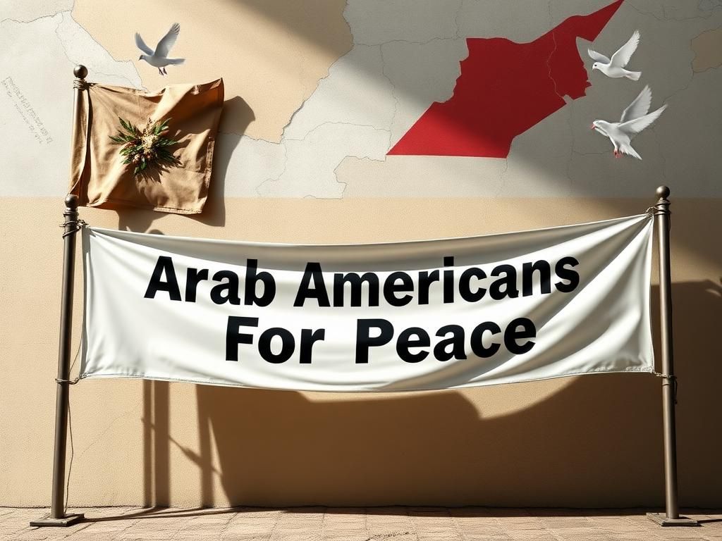 Flick International Symbolic representation of change with a weathered banner being replaced by a new banner reading 'Arab Americans for Peace' against an abstract map of the Gaza Strip.