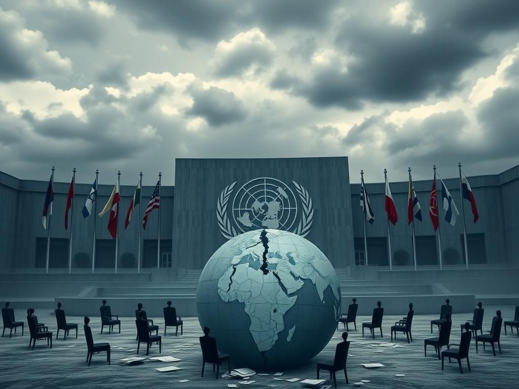 Flick International A solemn view of the United Nations building surrounded by somber skies, representing the gravity of antisemitism issues