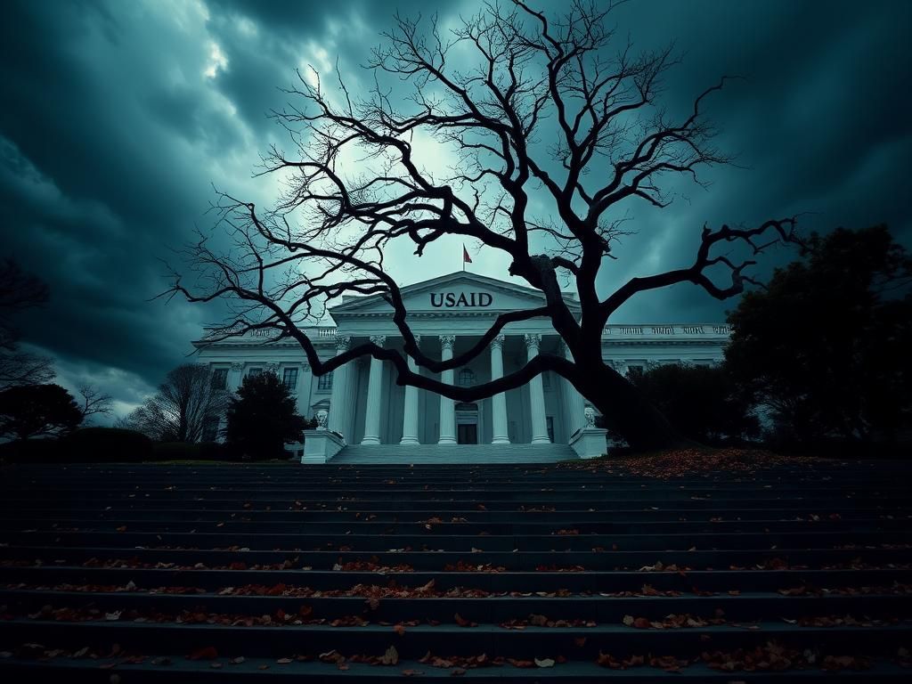 Flick International Dramatic view of USAID headquarters with stormy clouds overhead