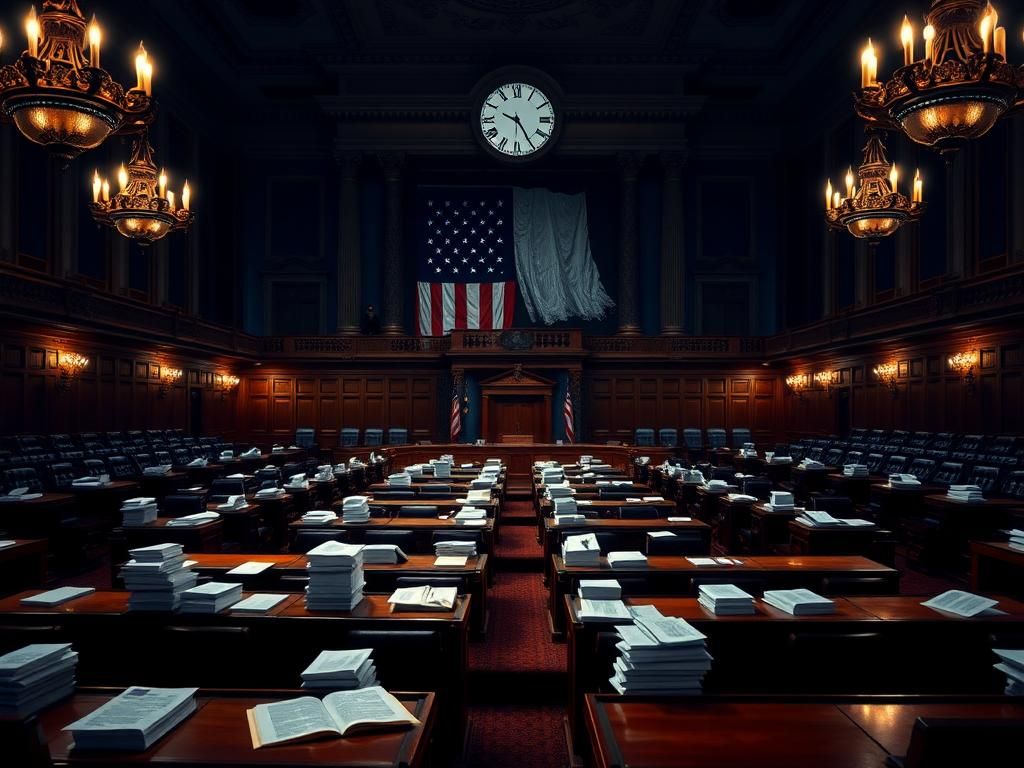 Flick International Dimly lit U.S. Senate chamber at night with empty desks and open books