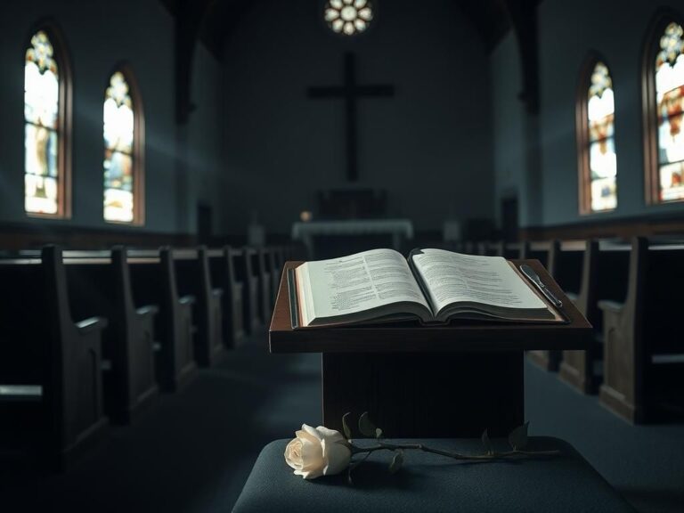 Flick International Empty wooden pulpit in a dimly lit church with an open Bible and a withered white rose