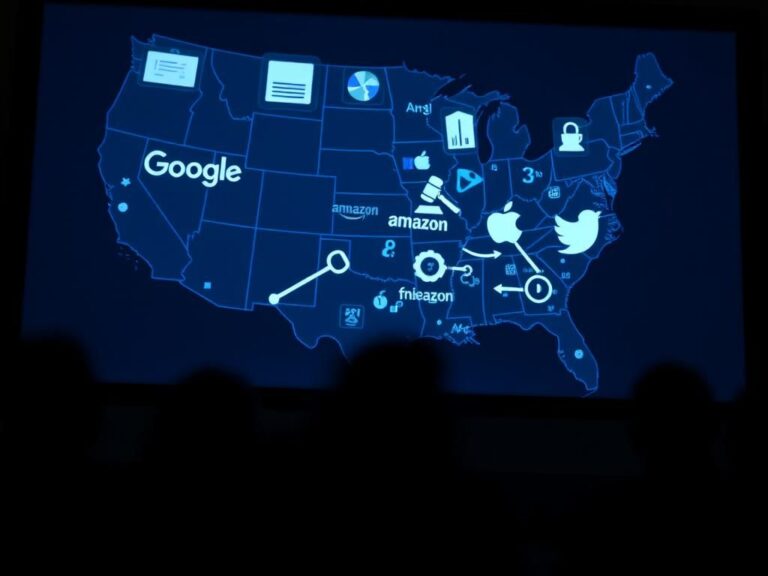 Flick International Close-up view of a computer screen displaying a digital map of the United States with symbols of Big Tech companies