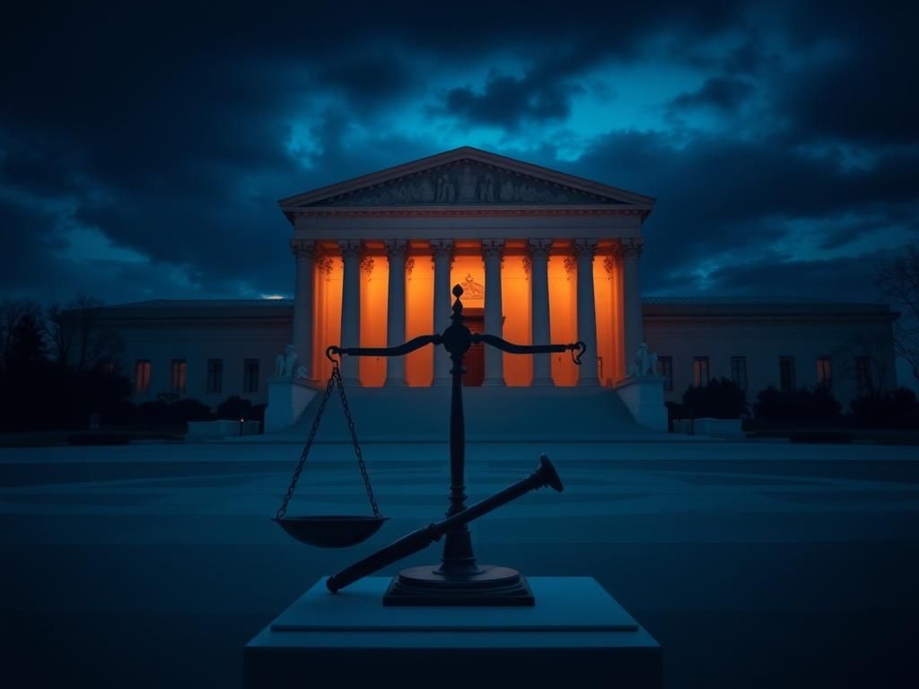 Flick International Majestic view of the Supreme Court building at twilight, symbolizing justice