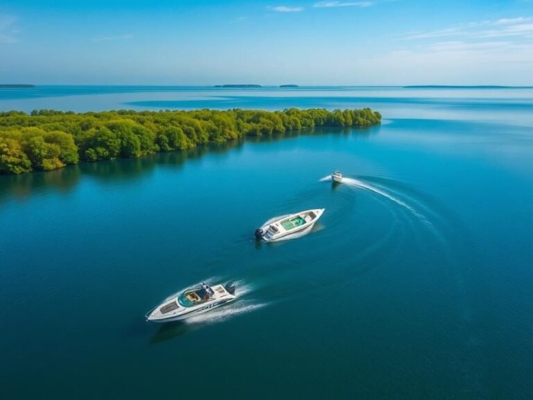 Flick International Aerial view of a spinning boat in Lake Dias surrounded by calm blue water