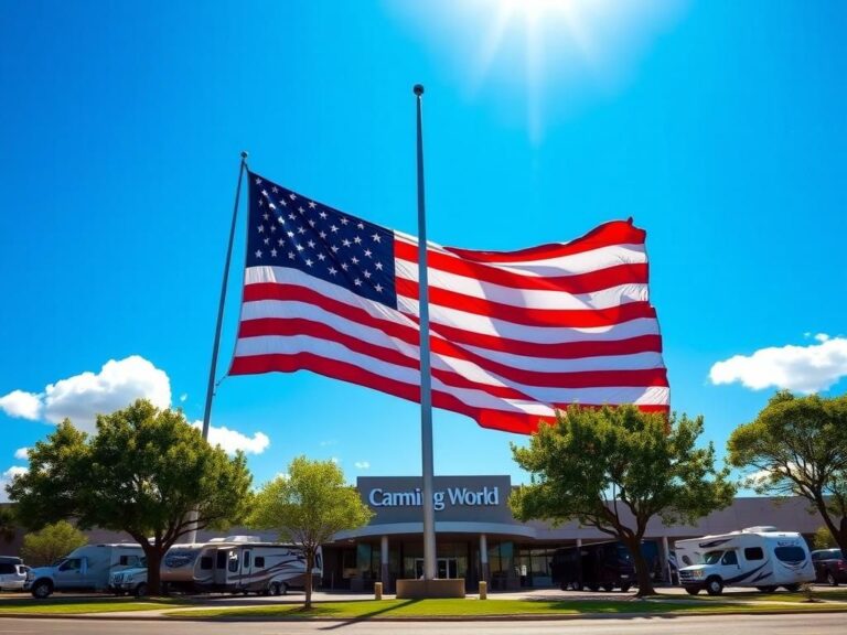 Flick International Massive American flag waving from a 100-foot flagpole outside Camping World dealership