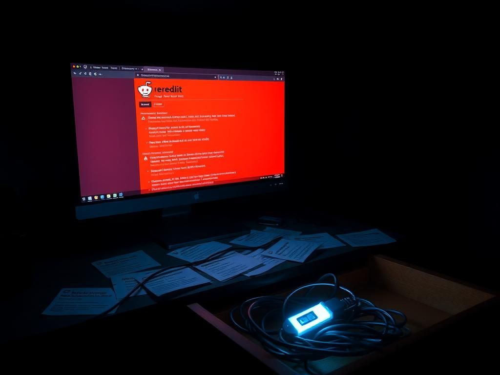 Flick International Dark workspace with glowing computer screen displaying fake Reddit page