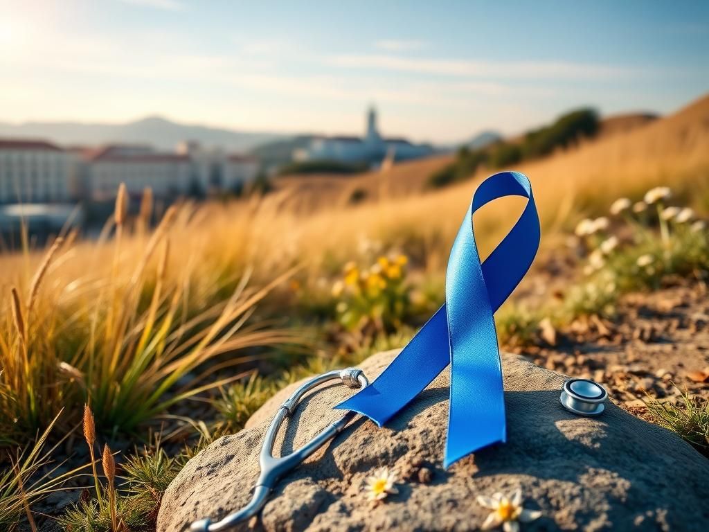 Flick International Close-up of a blue prostate cancer awareness ribbon on a flat stone with a serene California hillside in the background