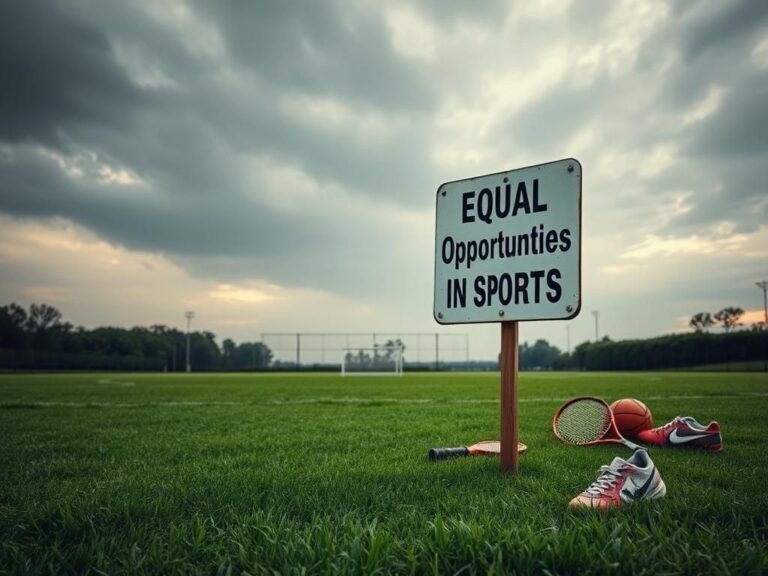 Flick International A stark sports field at dawn with an empty goalpost, symbolizing absence in women's sports competition