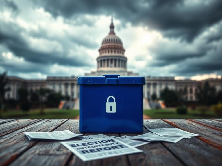 Flick International Deep blue and white ballot box with a lock emblem against a blurred state capitol building