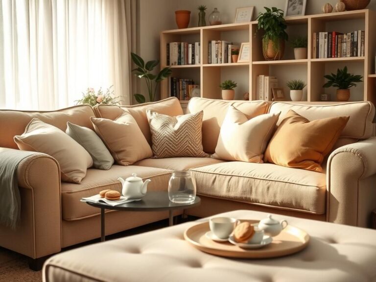 Flick International Cozy living room scene with plush couch and tea set