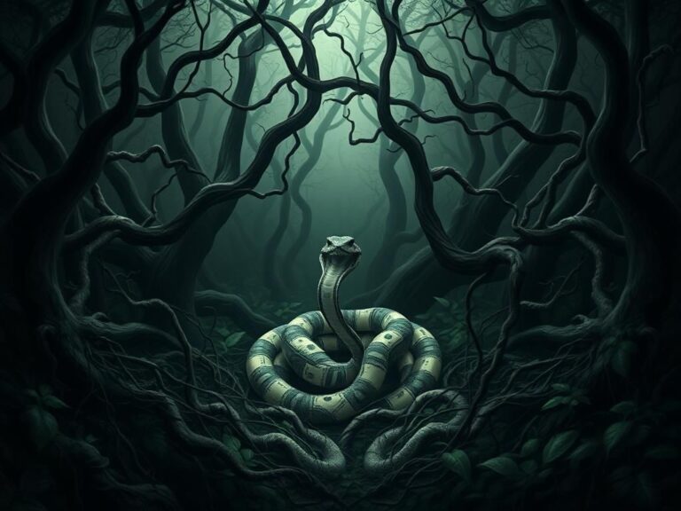 Flick International Dark thicket resembling a viper's nest with a coiled snake made of dollar bills, symbolizing corruption