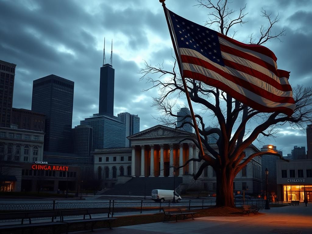 Flick International Chicago cityscape at dusk with courthouse and American flag