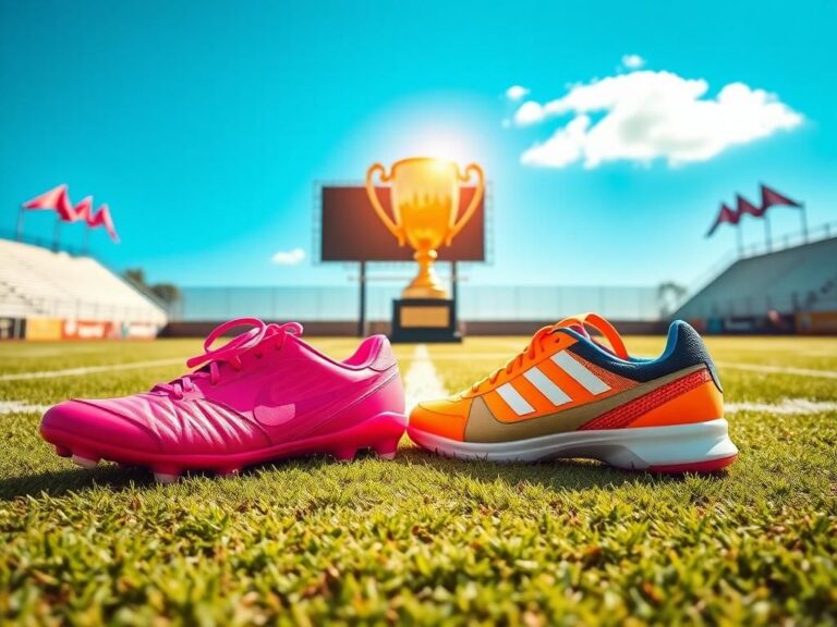 Flick International A pair of brightly colored women's sports shoes and a golden trophy on a vibrant sports field.