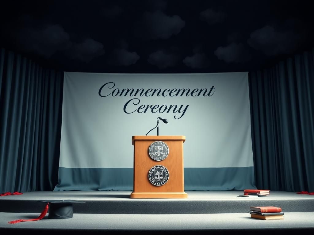 Flick International Artistic depiction of a solemn graduation ceremony scene with an empty podium and medical school insignia