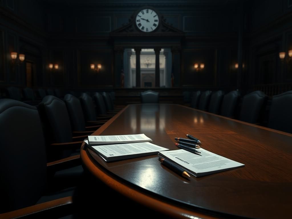 Flick International A dimly lit Senate committee room with a long wooden table and confidential documents