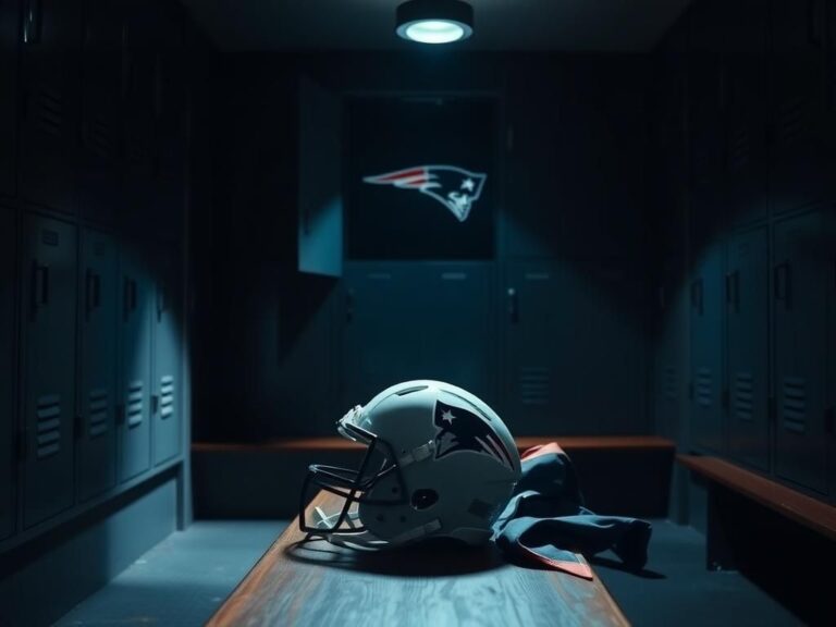 Flick International Dimly lit football locker room with Malcolm Butler's helmet and shoulder pads on a wooden bench