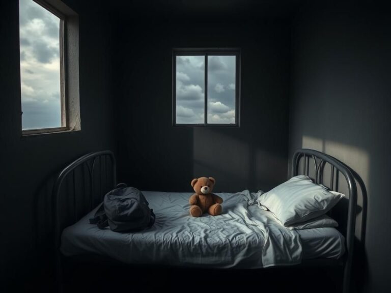 Flick International A dimly lit room in a migrant shelter with an unmade bed and a teddy bear