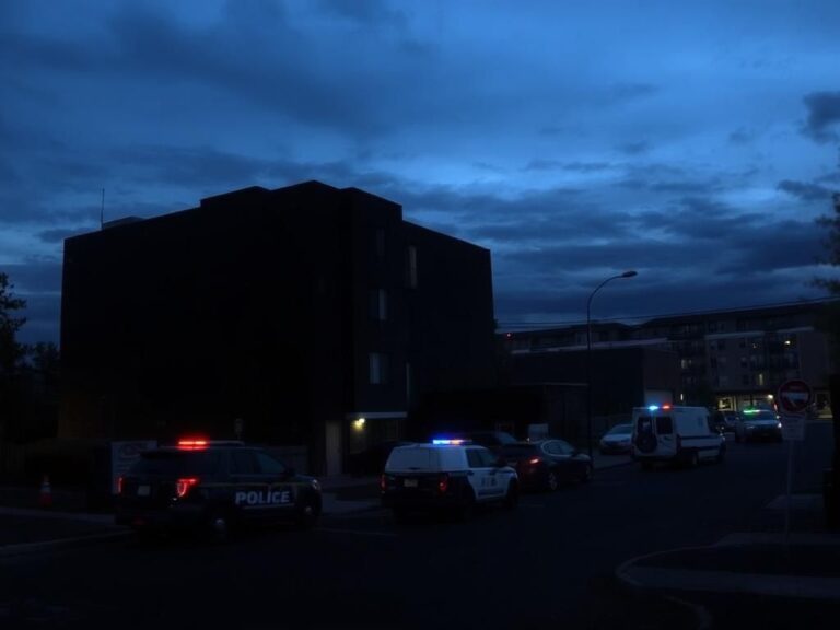 Flick International Dusk scene of law enforcement vehicles outside an apartment complex in Aurora, Colorado