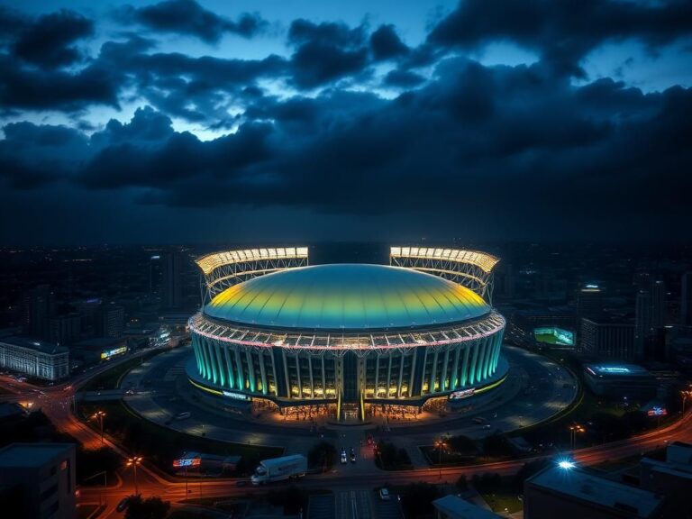 Flick International Aerial view of New Orleans skyline at dusk with Superdome lit in team colors