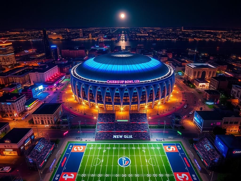 Flick International Aerial view of New Orleans at night showcasing the Caesars Superdome.