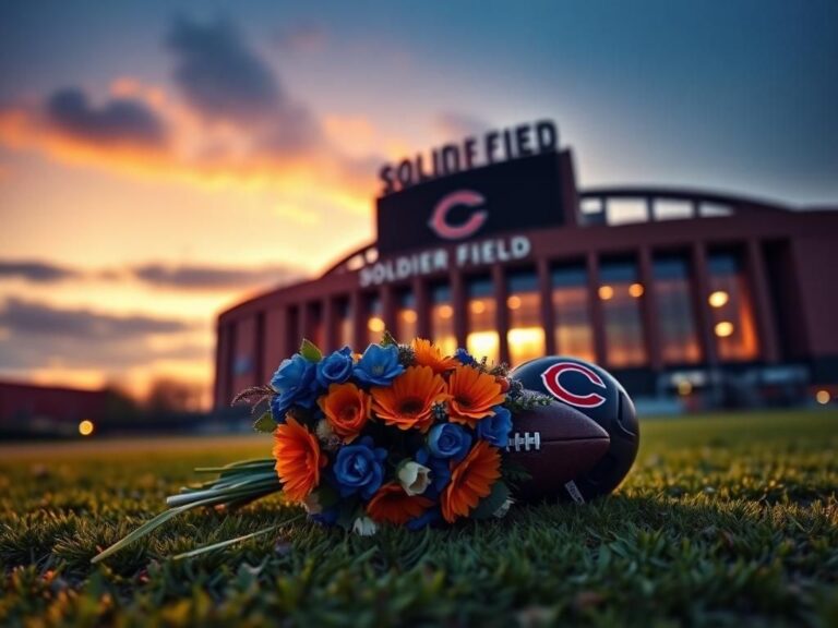 Flick International A beautifully arranged bouquet of blue and orange flowers near a football in front of Soldier Field at sunset