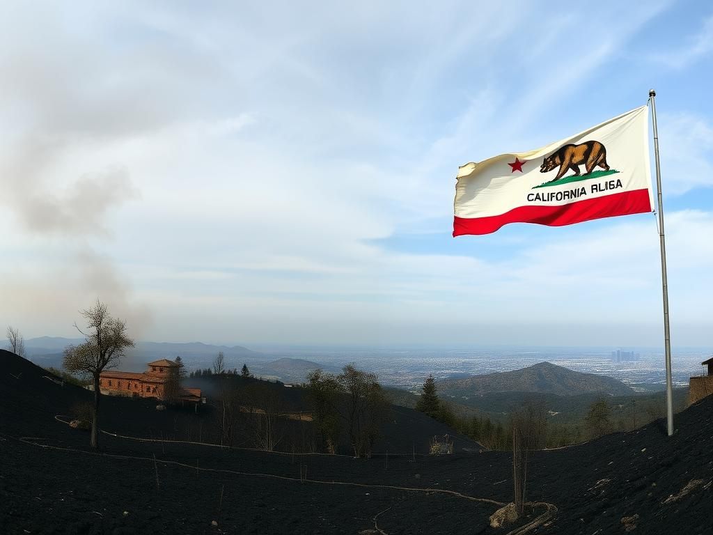 Flick International Panoramic view of a charred California landscape after a wildfire, illustrating destruction and resilience