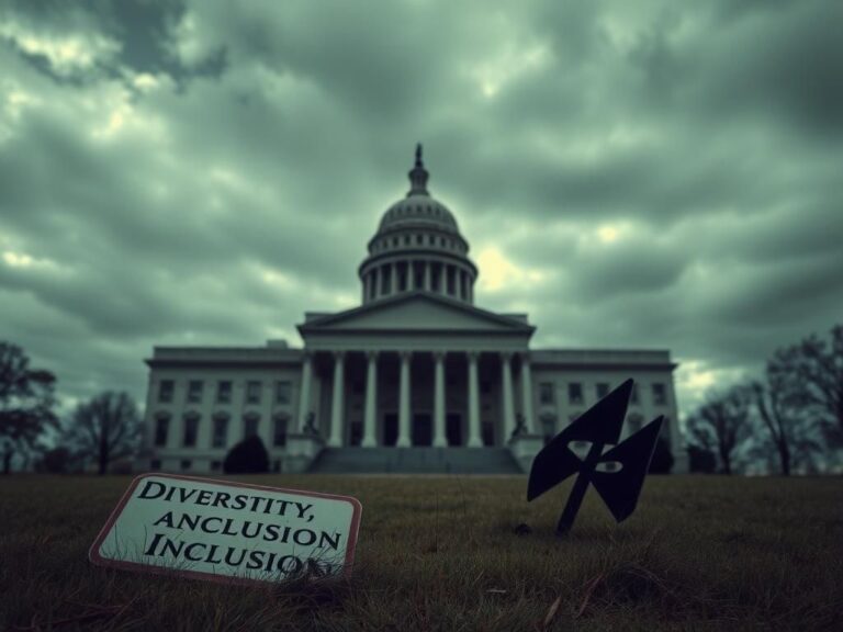 Flick International A somber scene of a desolate government building with a broken sign referencing Diversity, Equity, and Inclusion, symbolizing neglect and exclusion.