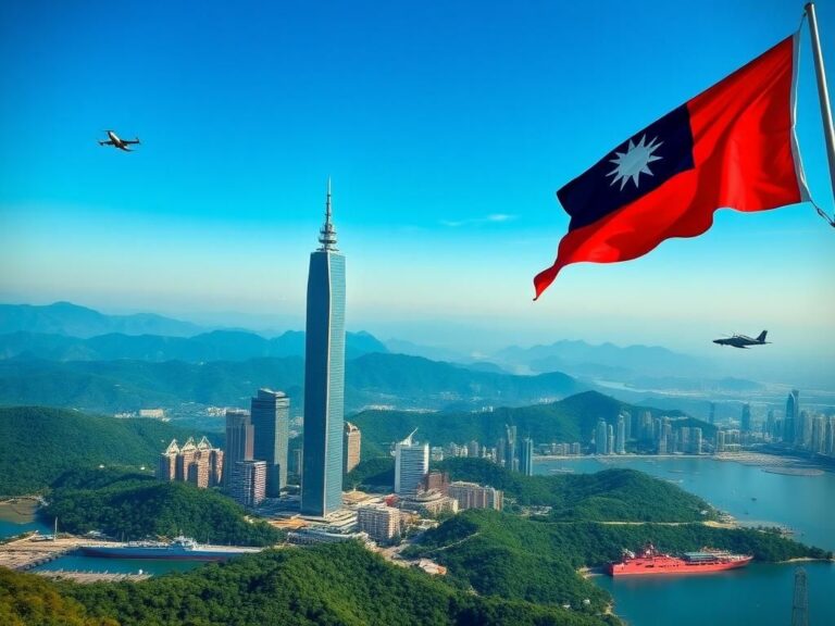 Flick International Aerial view of Taiwan with Taipei 101 tower under a clear blue sky