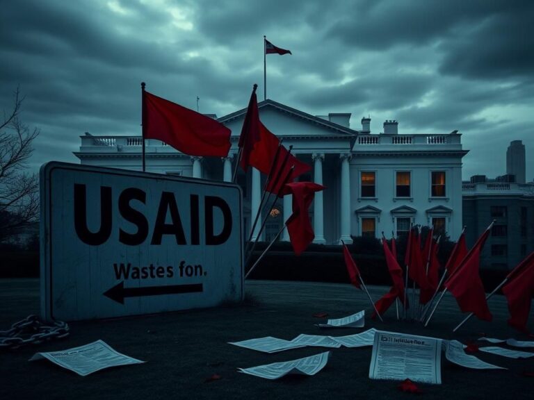 Flick International Exterior of a government building resembling the White House under an overcast sky with a weathered USAID sign and red flags symbolizing waste