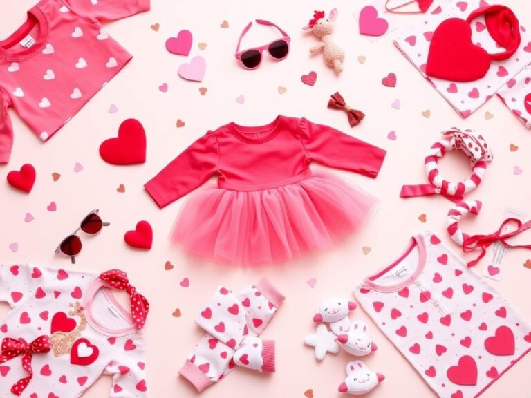 Flick International A whimsical flat lay of kids' Valentine's Day outfits including heart-patterned shirts and cute tulle skirts.