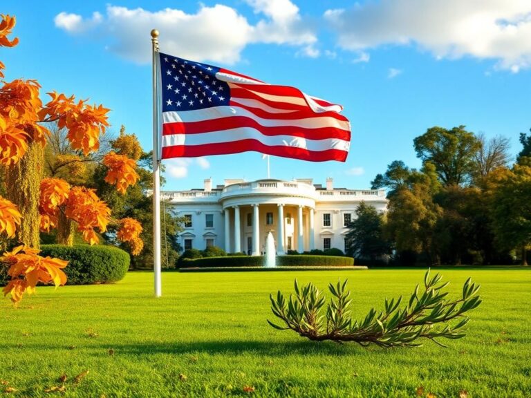 Flick International Panoramic view of the White House with American flag and autumn foliage