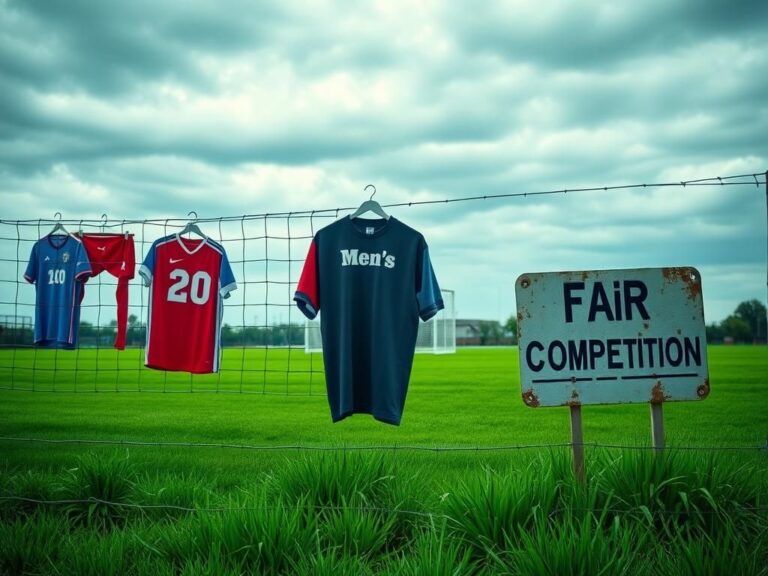 Flick International Empty sports field with women's soccer goal, vibrant green grass, and colorful jerseys hanging on a fence symbolizing gender policy changes