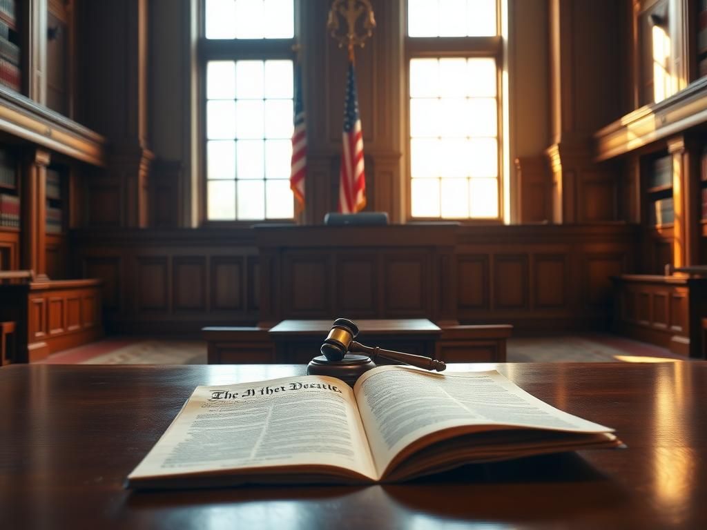 Flick International Dramatic courtroom interior with empty wooden bench and gavel symbolizing justice